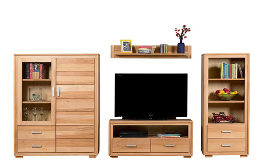 Wohnwand Genf Set V Kernbuche Massivholz geölt 4-teilig in Gesamtansicht mit zwei Sideboards, TV-Lowboard und Wandregal.