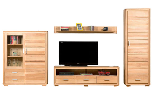 Wohnwand Genf Set VI Kernbuche Massivholz geölt, 4-teilig mit Vitrine, TV-Lowboard und Hochschrank.