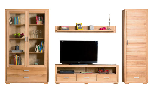 Wohnwand Genf VII Kernbuche Massivholz geölt 4-teilig mit Vitrine, TV-Lowboard, Wandregal und Hochschrank in Gesamtansicht.