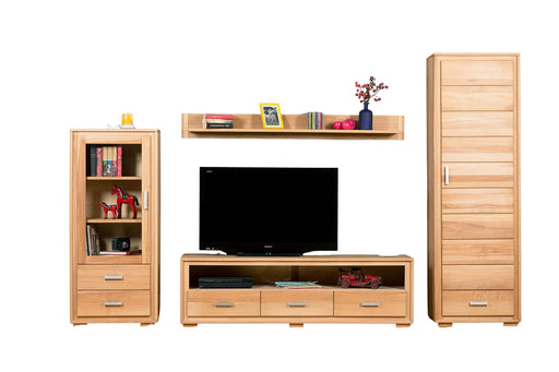 Wohnwand Genf Set VIII Kernbuche Massivholz geölt 4-teilig in Gesamtansicht mit Vitrine, TV-Lowboard und Hochschrank.
