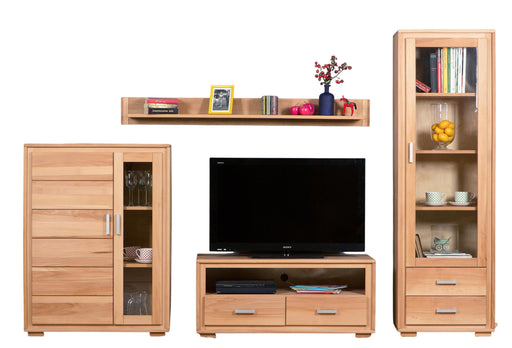 Wohnwand Genf Set IX Kernbuche Massivholz geölt 4-teilig in Gesamtansicht mit Wandregal, TV-Lowboard und Vitrinenschrank.