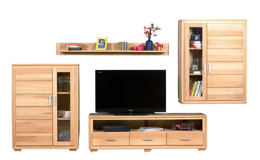 Wohnwand Genf Set X Kernbuche Massivholz geölt 4-teilig in Gesamtansicht mit Wandregal, TV-Lowboard, Vitrine und Hochschrank.
