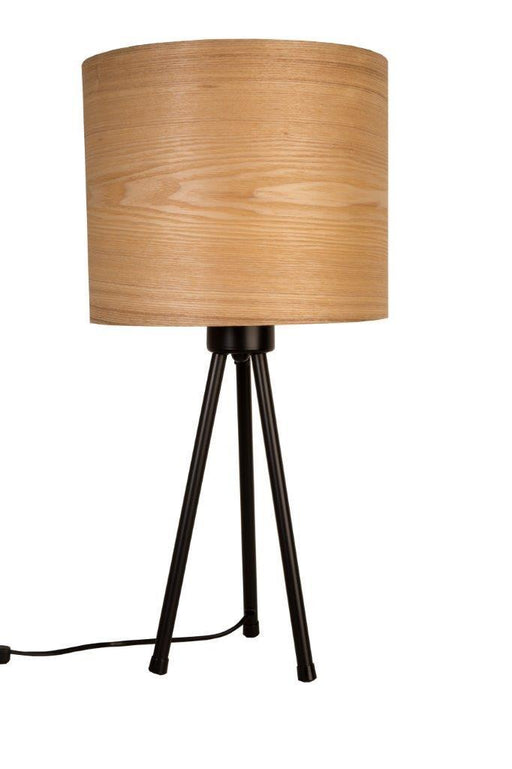 Tripod Tischleuchte WOODLAND mit Holzschirm in Natur und schwarzem Metallgestell, Gesamtansicht.