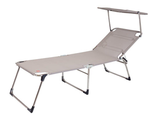 Sonnenliege AMIGO FOURTY SUN in Gesamtansicht mit silberfarbenem Aluminium-Gestell, taupefarbener Liegefläche und abnehmbarem Sonnendach.