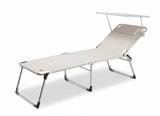 Sonnenliege AMIGO FOURTY SUN in Taupe mit ausklappbarem Sonnendach und verstellbarem Kopfteil, Gesamtansicht.