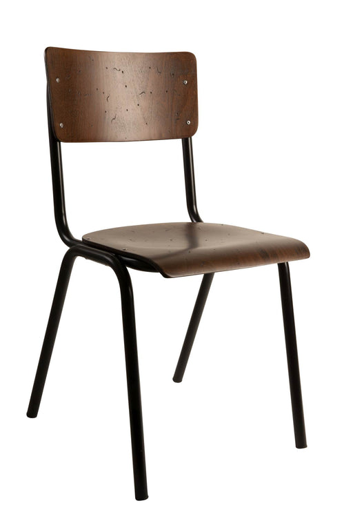 Stapelstuhl SCUOLA mit dunkelbrauner Sperrholzschale und schwarzem Metallgestell in Gesamtansicht.