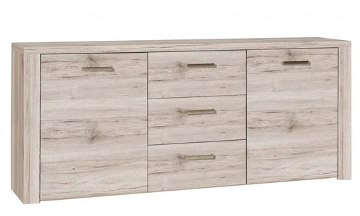 Sideboard PORTLAND in Sandeiche Optik mit zwei Türen und drei mittleren Schubladen in Gesamtansicht.