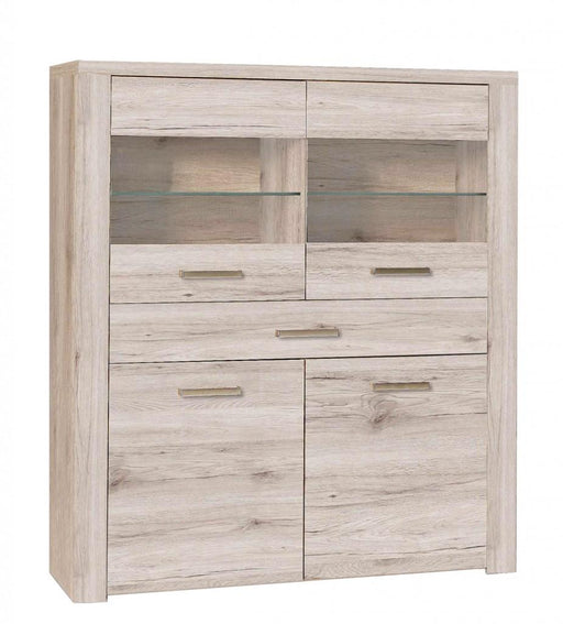 Highboard Vitrine PORTLAND mit Glastüren oben, Schubladen und Holztüren unten in Sandeiche Optik.