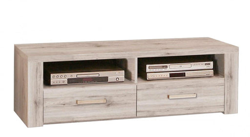 TV-Board PORTLAND Lowboard in Sandeiche Optik mit zwei Schubladen und offenen Fächern für Geräte, Gesamtansicht.