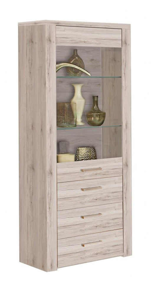 Vitrine PORTLAND 1 Tür 3 Schubladen in Sandeiche Optik mit Glastüren, Glasböden und unteren Schubladen, Gesamtansicht.