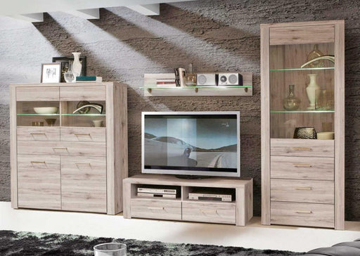 Wohnwand PORTLAND Sandeiche in Gesamtansicht mit TV-Lowboard, Vitrinen und Wandregal.