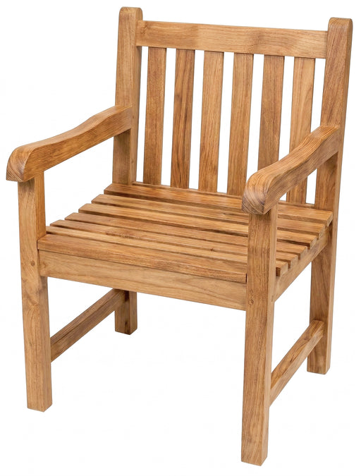 Stabiler Gartensessel Picadelly aus Teak mit gespreizten Rückenlehnen und breiten Armlehnen, Gesamtansicht von vorne.