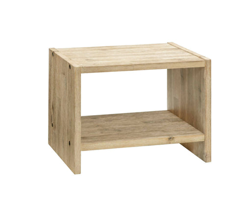 Nachttisch LONA Beistelltisch aus Akazie Massivholz in heller Holzfarbe mit offenen Seitenfächern, Gesamtansicht.