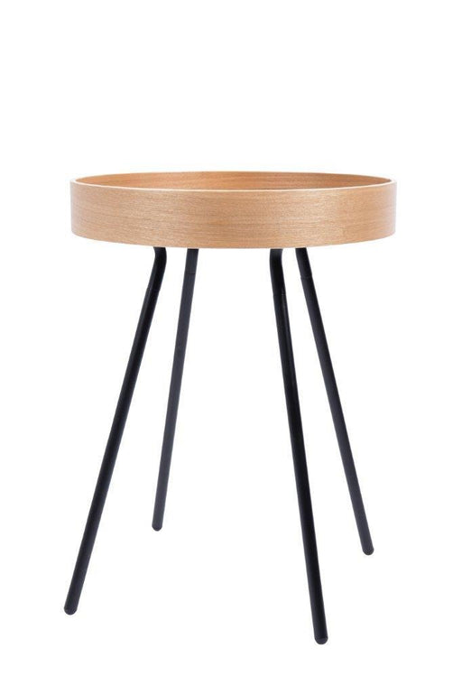 Beistelltisch Oak Tray mit rundem Tablett aus Eiche und vier schwarzen Metallbeinen in Gesamtansicht.