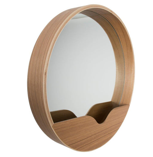 Gesamtansicht des Wandspiegels ROUND WALL 40 cm mit ovalem Holzrahmen und integriertem Ablagebereich unten.