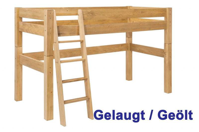 Hochbett MOBY gelaugt / geölt Midisleeper mit Leiter Kiefer Massivholz Kinderbett