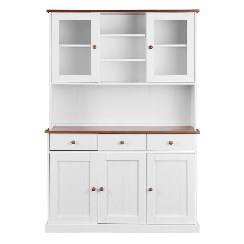 Buffet Vitrine Westerland 5-türig im Landhausstil mit weißem Korpus und brauner Holzplatte, Gesamtansicht.