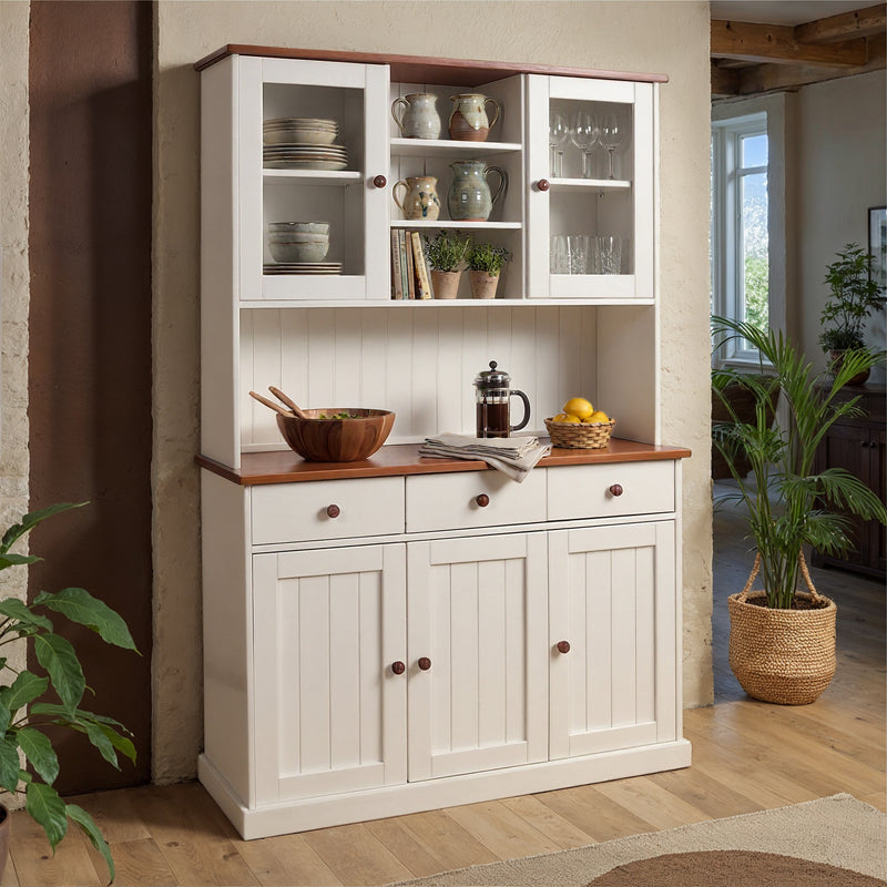 Buffet Vitrine Westerland 5-türig im Landhausstil mit weiß lackiertem Korpus und brauner Holzplatte.
