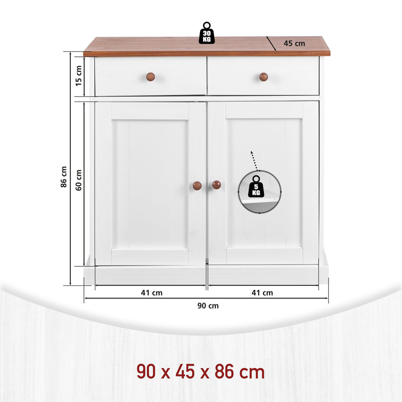 Landhaus Kommode Sideboard Westerland 2-türig Kiefer Weiß lackiert
