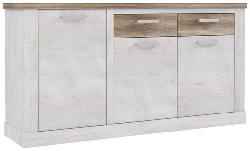 Sideboard DURO mit drei Türen und zwei Schubladen in Pinie weiß antik, Gesamtansicht von vorne.