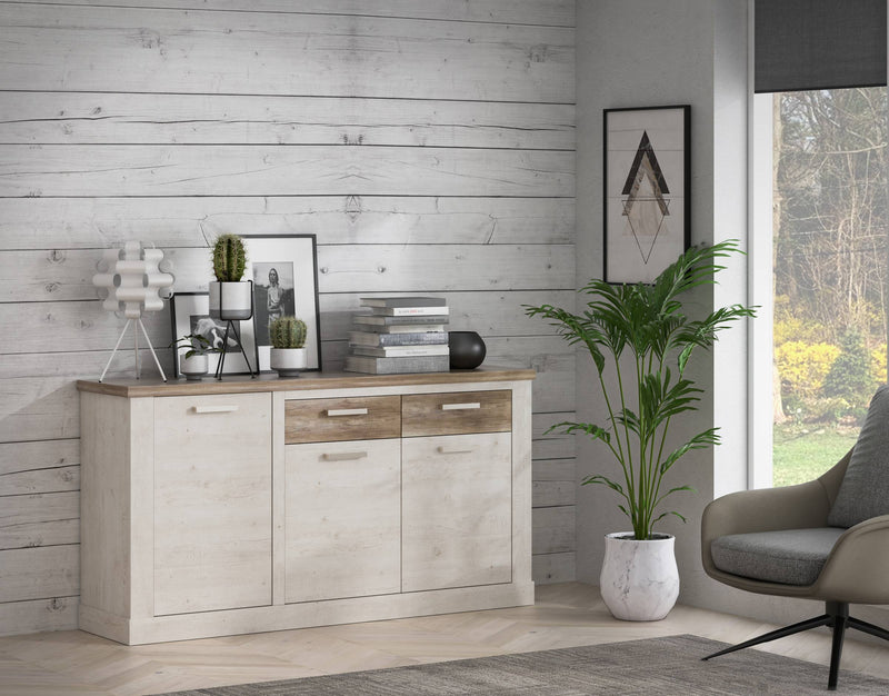 Sideboard DURO 3 Türen und 2 Schubladen in Pinie weiß antik