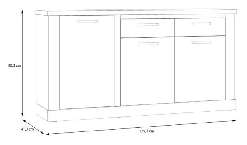 Technische Zeichnung des Sideboards DURO mit Maßangaben und Ansicht der 3 Türen sowie 2 Schubladen.