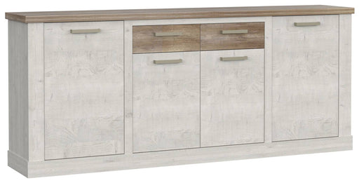 Sideboard DURO in Pinie weiß antik mit vier Türen, zwei Schubladen und kontrastierender Holzplatte in Gesamtansicht.