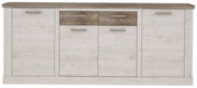 Sideboard DURO in Pinie weiß antik mit vier Türen und zwei Schubladen in Gesamtansicht von vorne.