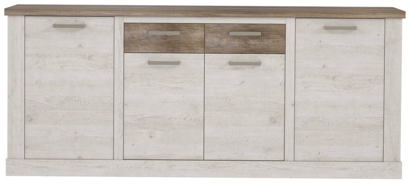 Sideboard DURO in Pinie weiß antik mit vier Türen und zwei Schubladen in Gesamtansicht von vorne.