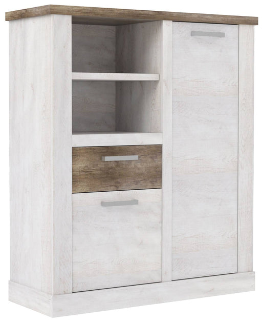 Highboard DURO mit offenen Fächern, dunkler Schublade und geschlossenen Türen in Pinie weiß antik, Vorderansicht.