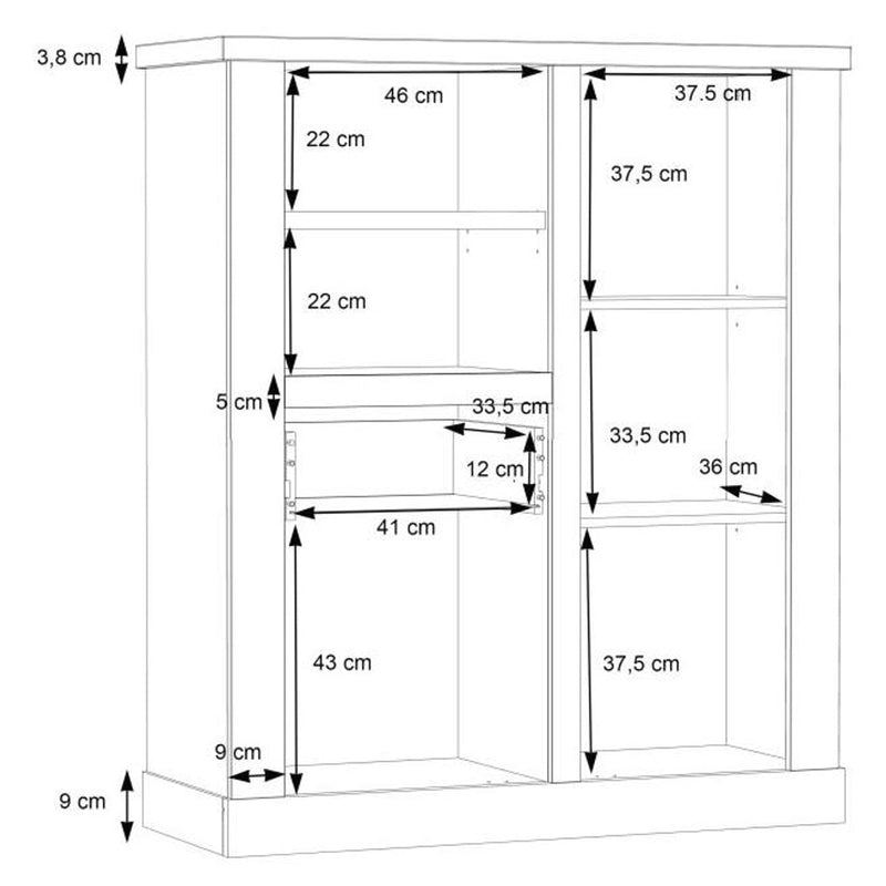 Technische Zeichnung des Highboard DURO mit Maßangaben für Fachgrößen, Türöffnungen und Schubladentiefe.