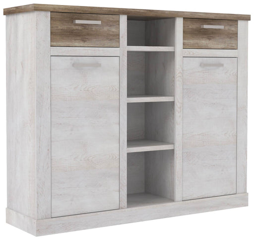 Highboard DURO mit zwei Türen, zwei Schubladen und offenem Mittelregal in Pinie weiß antik, Gesamtansicht.