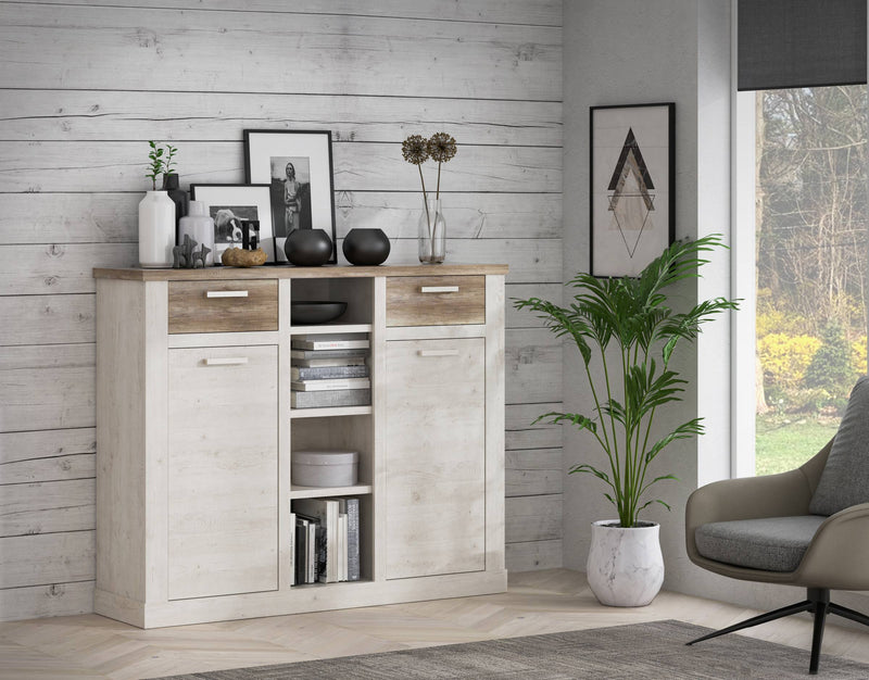 Highboard DURO 2 Türen 2 Schubladen Optik Pinie weiß antik