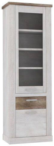 Vitrine DURO 2 Türen 1 Schublade Schrank mit Glastür Pinie weiß antik