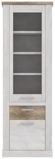Vitrine DURO 2 Türen 1 Schublade Schrank mit Glastür Pinie weiß antik
