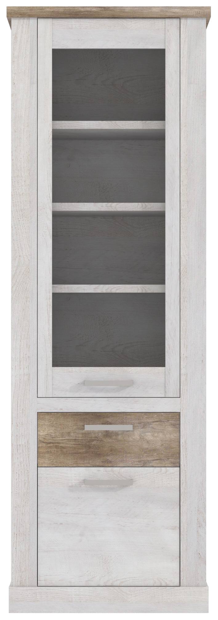 Vitrine DURO 2 Türen 1 Schublade Schrank mit Glastür Pinie weiß antik