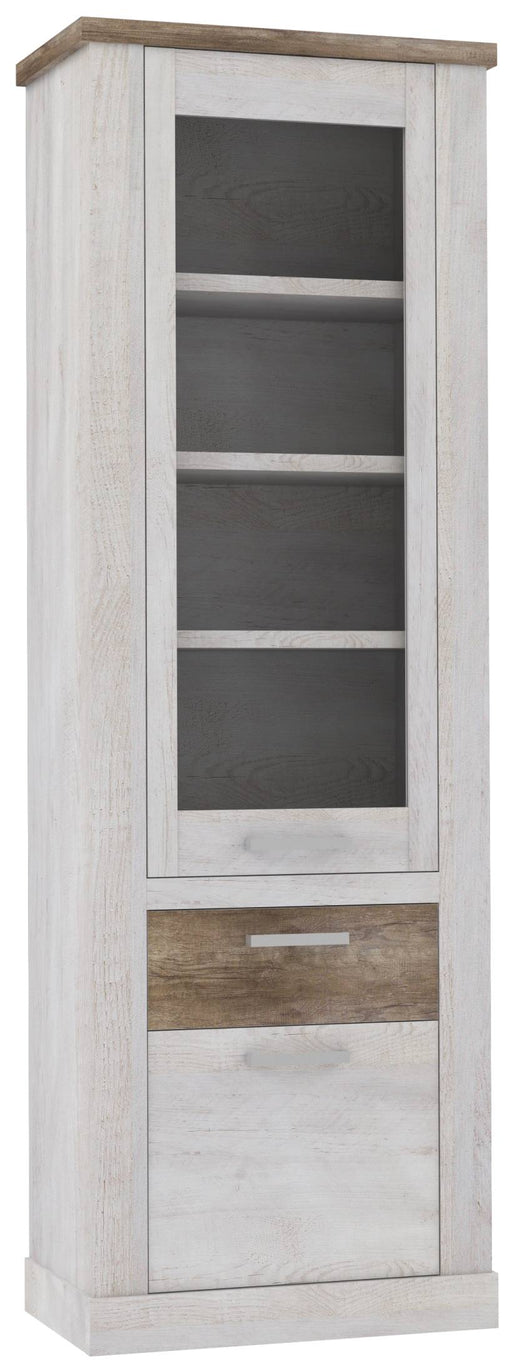 Vitrine DURO mit Glastür, weißer Pinie-Front und dunkler Holzplatte oben, Gesamtansicht.