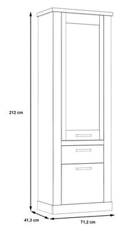 Technische Zeichnung der Vitrine DURO 2 Türen 1 Schublade mit Maßangaben (212 cm Höhe, 71,2 cm Breite, 41,3 cm Tiefe).
