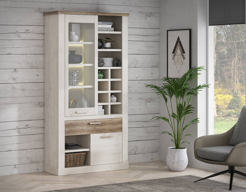 Vitrine DURO 2 Türen Schrank mit Regaleinteilung Pinie weiß antik
