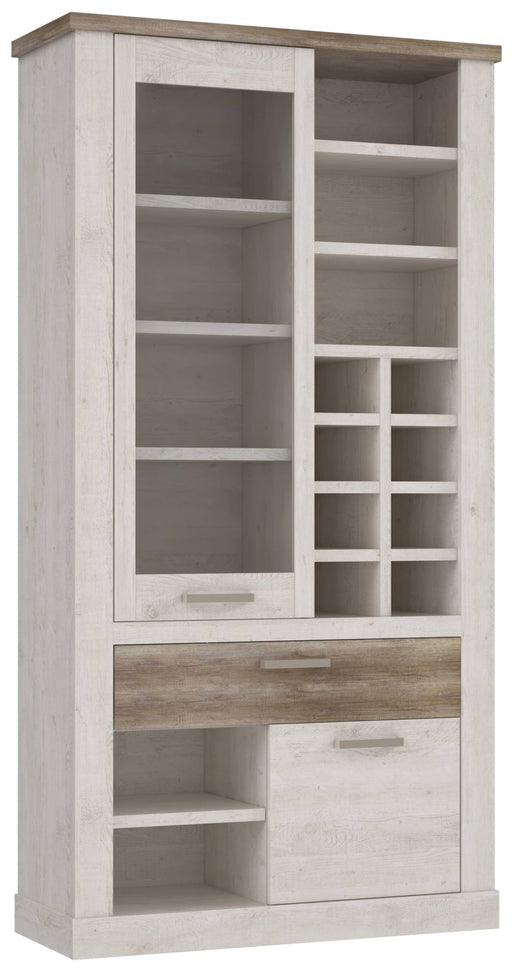 Vitrine DURO mit Glastür und Regalnischen in Gesamtansicht, Pinie weiß antik.