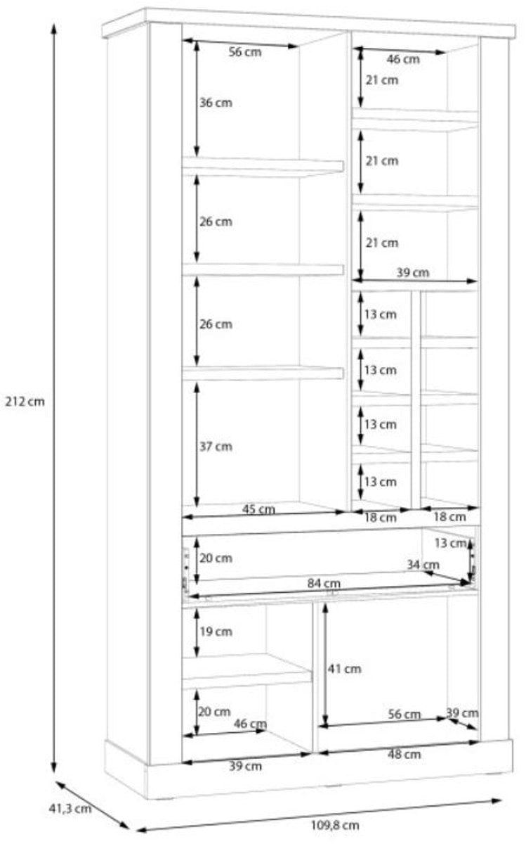 Technische Zeichnung der Vitrine DURO 2 Türen Schrank mit Maßangaben der Fachunterteilungen und Gesamtabmessungen.