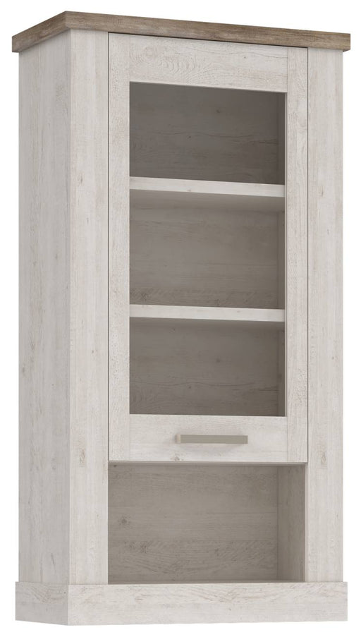 Hängevitrine DURO 1 Glastür Hängeschrank in Pinie weiß antik, Gesamtansicht mit offener Glasfront und Einlegeböden.
