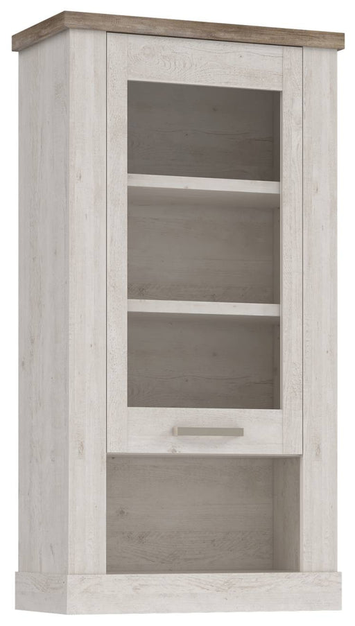 Hängevitrine DURO 1 Glastür Hängeschrank in Pinie weiß antik, Gesamtansicht mit offener Glasfront und Einlegeböden.