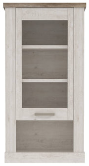 Hängevitrine DURO 1 Glastür Hängeschrank in Pinie weiß antik, Gesamtansicht mit Glastür und drei Regalborden.