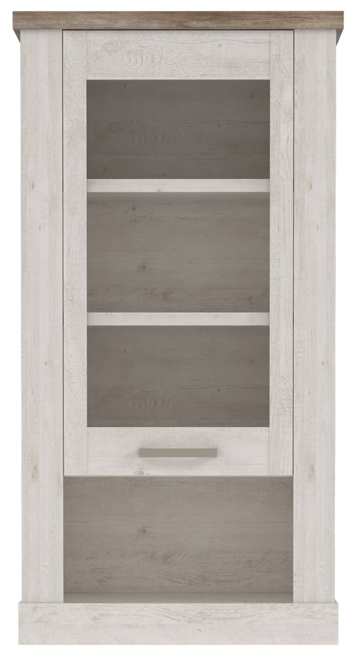 Hängevitrine DURO 1 Glastür Hängeschrank in Pinie weiß antik, Gesamtansicht mit Glastür und drei Regalborden.