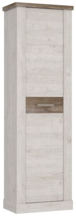 Dielenschrank DURO Garderobenschrank Optik Pinie weiß antik in Gesamtansicht mit hochformatigem Design und dunkler Holzblende.