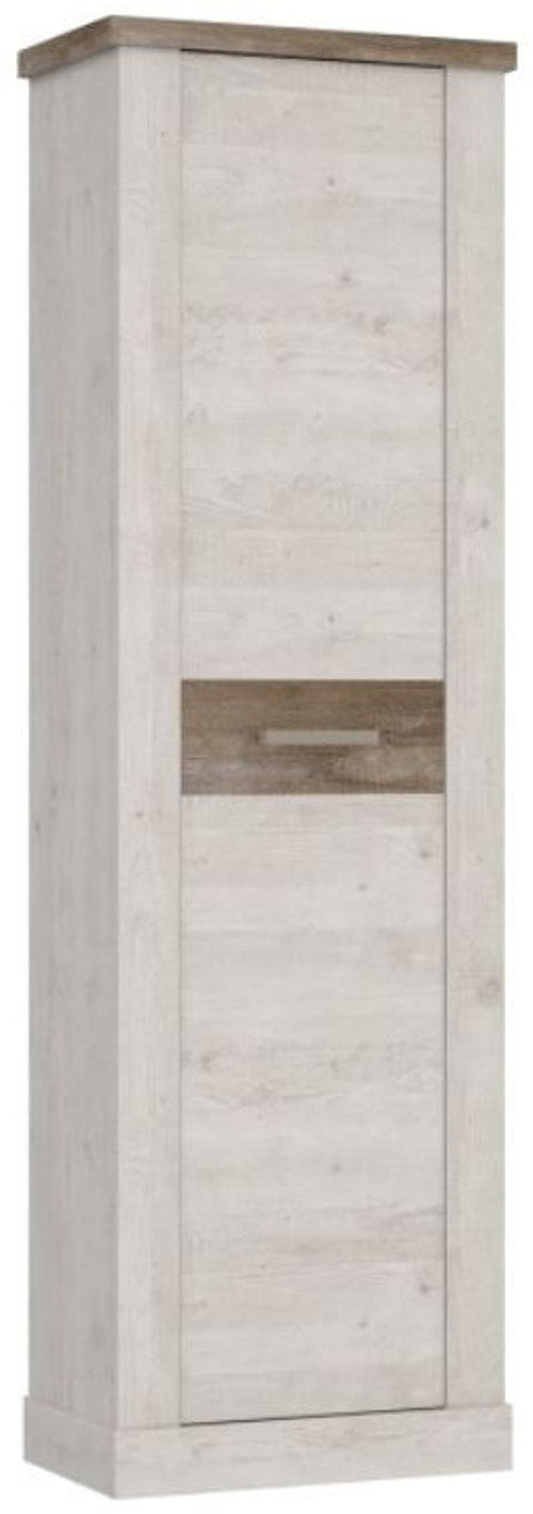 Dielenschrank DURO Garderobenschrank Optik Pinie weiß antik in Gesamtansicht mit hochformatigem Design und dunkler Holzblende.