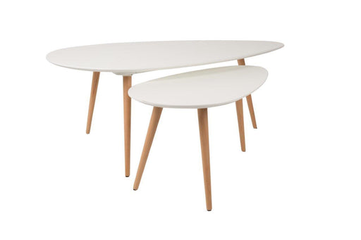 Gesamtansicht des Beistelltisch Couchtisch Drop 2er Set mit zwei tropfenförmigen Tischplatten in Weiß und Holzgestell.