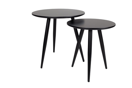Gesamtansicht des Runden Beistelltischs DAVEN schwarz 2er Set mit runden Tischplatten und gespreizten Beinen.