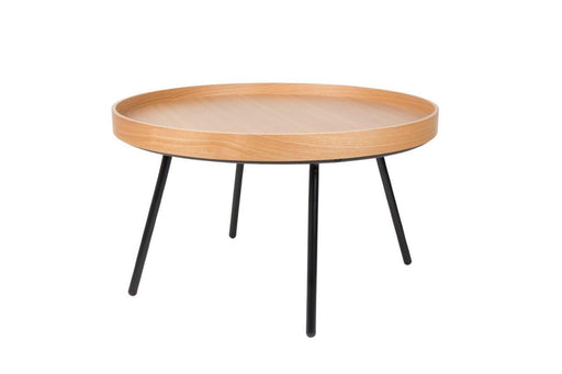 Beistelltisch Oak Tray XL mit runder Eichenholz-Platte und schwarzen Metallbeinen in Gesamtansicht.